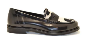 MOCASSINO IN PELLE NERA E CAVALLINO MUCCA BIANCO NERO