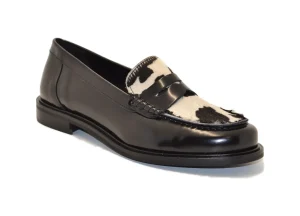 MOCASSINO IN PELLE NERA E CAVALLINO MUCCA BIANCO NERO