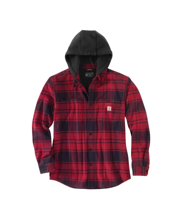 RUGGED FLEX RELAXED FIT FLANNEL FLEECE LINED HOODED SHIRT JACKET RED BLACK