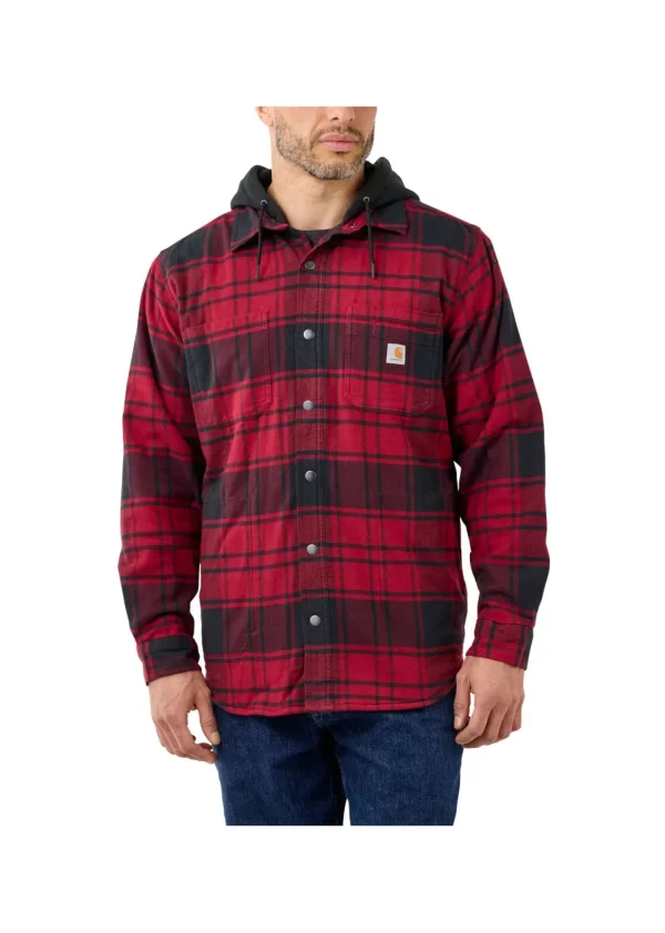 RUGGED FLEX RELAXED FIT FLANNEL FLEECE LINED HOODED SHIRT JACKET RED BLACK
