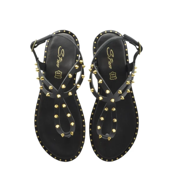 SANDALO INFRADITO BLACK LEATHER CON BORCHIE E2-048