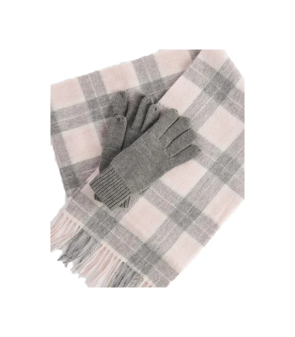 WOOL TARTAN SCARF AND GLOVE PINK GREY TARTAN GIFT SET